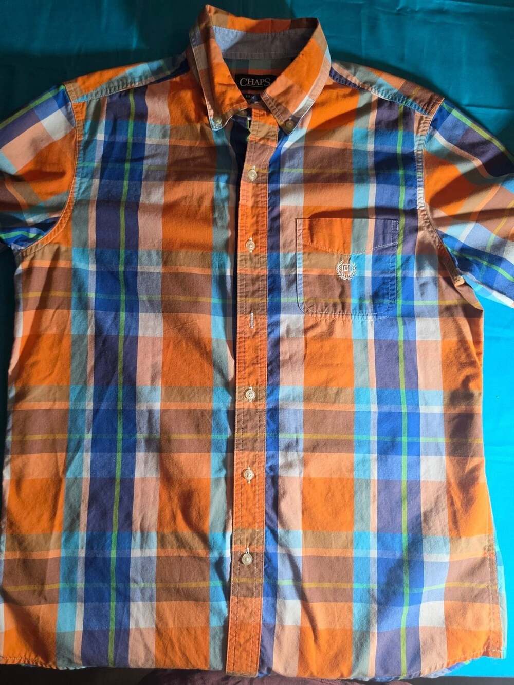 Chaps Men's Orange Blue Plaid Short Sleeve Button Down Shirt Size M Easy Care